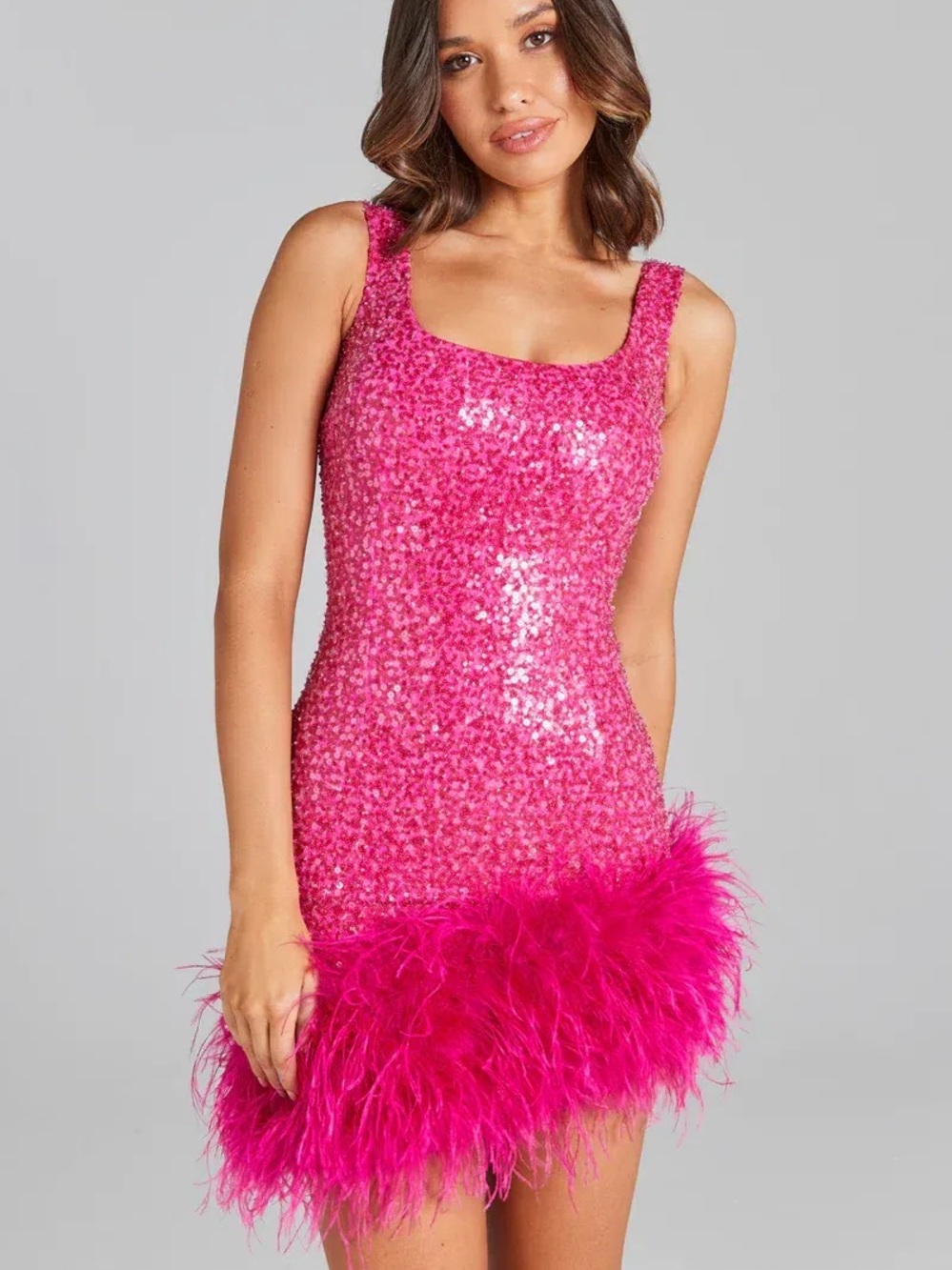 Nadine Merabi Evie Mini Dress Hot Pink Sequin with Feathers